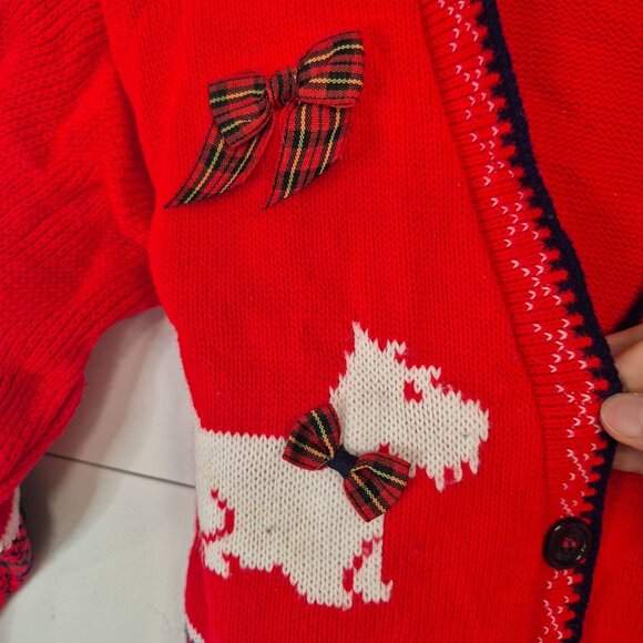 Vintage Hot Fudge Red Knit Cardigan With Plaid Scottie Dog & Bow Design Kids - Picture 4 of 7